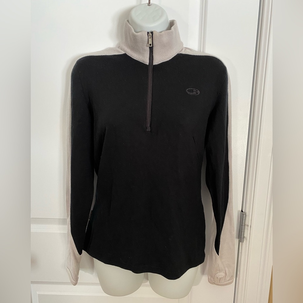 Icebreaker Sport 320 Merino Wool Knit Sweater 1/2 Zipper Black Beige SMALL